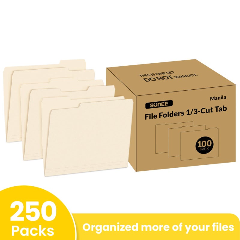 SUNEE File Folders Letter Size, 250 Pack Manilla Folders 8.5 x 11 1/3-Cut Tabs, Colored File Folders Office Home School for Documents Files Paper - Image 2